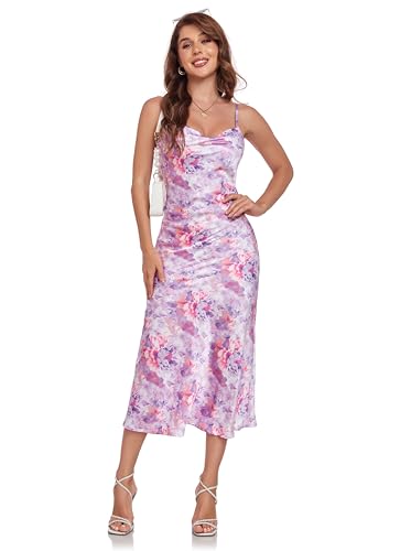 Image of Women's Spaghetti Strap Midi Satin Silk Dresses Slip Cowl Neck Party Cocktail Evening Sexy Dress