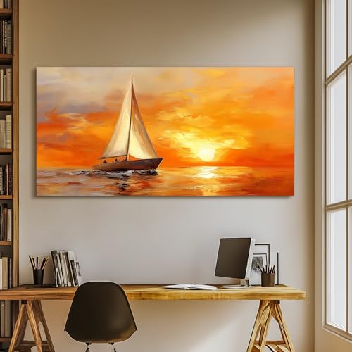 SERIMINO Ocean Sunset Wall Art, Sailboat on Sea Extra Large Artwork, Nautical Landscape Canvas Art Prints, Still Life Aesthetic Paintings Wall Decor Living Room Bedroom Home Office Hotel 30"X60"