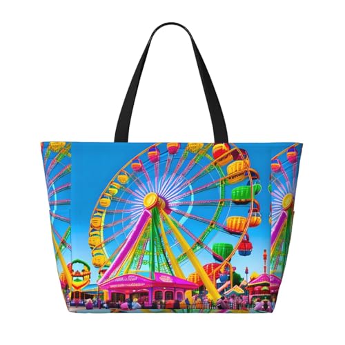 corlorful park Large Capacity Beach Travel Bag, Foldable Beach Bag with Zipper, Great for Grocery Bag Pool Gym Travel Shopping2