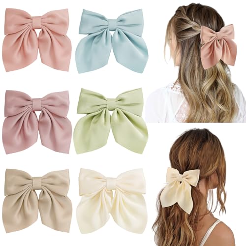 6Pcs Hair Bows for Women Bow Hair Clips Silky Satin Hair Bows for Girls Candy Colors Hair Ribbon