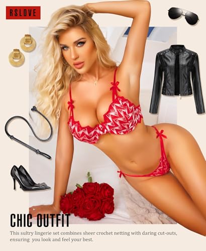 Foto de RSLOVE Conjuntos de lencería sexy para mujer, conjuntos de brasier y calzones de encaje con aros para mujer, lencería push up de 2 piezas para mujer (imagen 5)