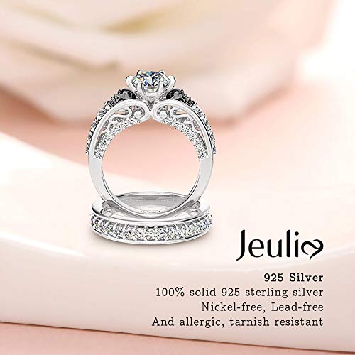 Image of Jeulia 4Carat Women Curved Two Tone Skull Rings Men Sterling Silver White Diamond Bridal Ring Set Round Cut Halo Engagement Rings Cubic Zirconia Eternity Band Promise Wedding Anniversary