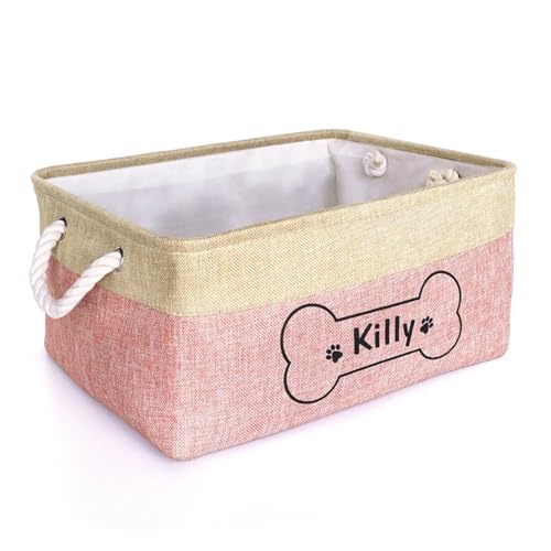 ZXH Personlig hundleksak förvaringskorg linne kanvas husdjur leksakslåda vikbar hund katt anpassat namn leksaker behållare hundtillbehör husdjurstillbehör personliga hundgåvor (30 x 20 x 12 cm,