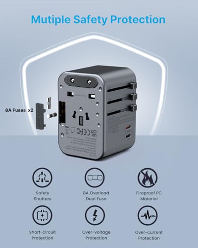 Image of Universal Travel Adapter, VINTAR 35.5W International Power Adapter with 3 USB A QC and 2 USB C PD, All in One Plug Adapter Worldwide Travel Essentials for EU /UK /USA /AUS(Type C /G /A /I), Silver