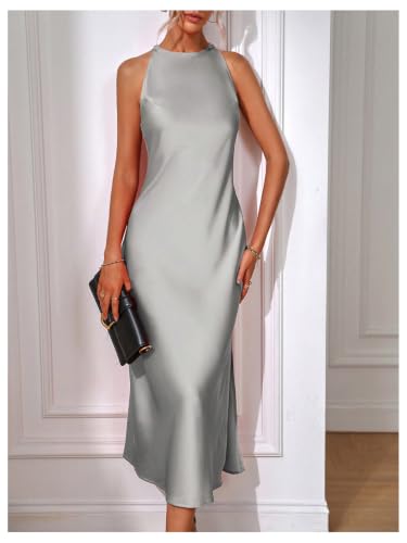 Image of Floerns Women's Elegant Crew Neck Maxi Slit Cocktail Tank Wedding Dress | Boat Neck, Side Slit, Long, Party, Cocktail, Formal, Rehearsal Dinner Guest Midi Dress