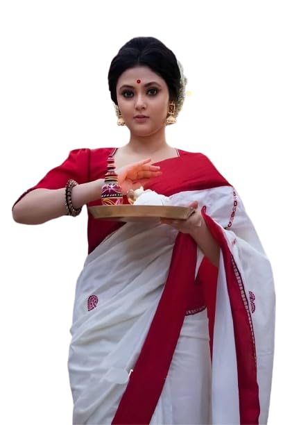 ZECVA Silk Women's White Red Soft Kanjivaram Traditional Festive Puja Saree For Women With Attach Unstitch Blouse Piece