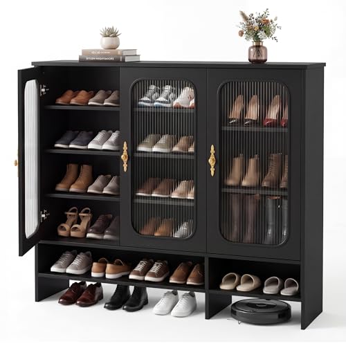 BonVache Meuble à Chaussures, Meuble avec 3 Verre Porte et 5 étagères Réglables, Grande Capacité Rangement Chaussures Bois, pour Entrée, Salon, Couloir,...