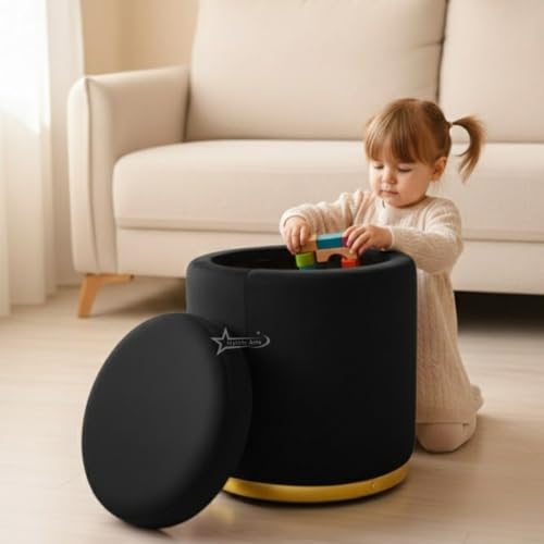 Image of Velvet Round Single Strip Ottoman Office Stool Foot Rest Stool Velvet Fabric Padded Seat Pouf Ottoman 13 X 13X 16 inch, in Round Shape for Living Room Black