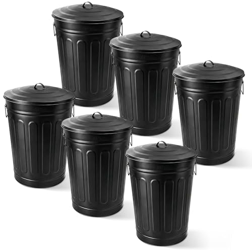 Image of Plexon Metal Trash Can with Lid 13 Gallon, Decorative Outdoor Trash Can Heavy Duty Galvanized Metal Bucket with Lid for Garage Workshop Storage Farmhouse, Black 6 Pack