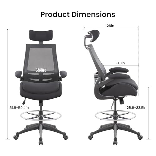 Image of BOLISS Big and Tall Drafting Chair 400lbs - High Back Ergonomic Office Chair for Standing Desk with Double Thick Seat Cushion, Adjustable Foot Ring, Lumbar Support & Flip Up Armrests (Black)