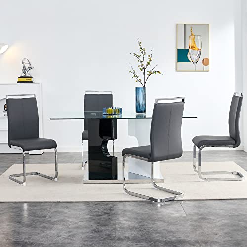 Contemporary Glass Dining Table For 6, 63" Rectangular Kitchen Dinner Table With 0.32" Tempered Glass Tabletop And Mdf Pedestal Base,Large Long Dining Room Pedestal Table For Dining Room(Table Only) #TOP7