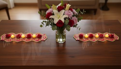 Image of Divyakosh Traditional Lotus Design Table Runner - Set of 2, with Led Tea Light, Red Floral Pattern, 21 x 6 Inch
