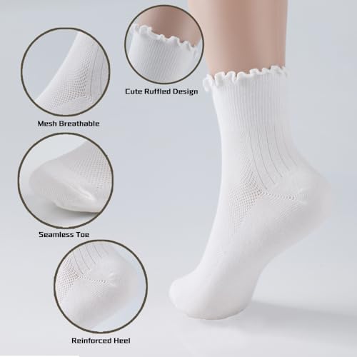 Womens Ruffle Socks, Turn-Cuff Frilly Sock, Cotton Ankle Socks Breathable Crew Socks, Lettuce Edge Socks 6 Pack3