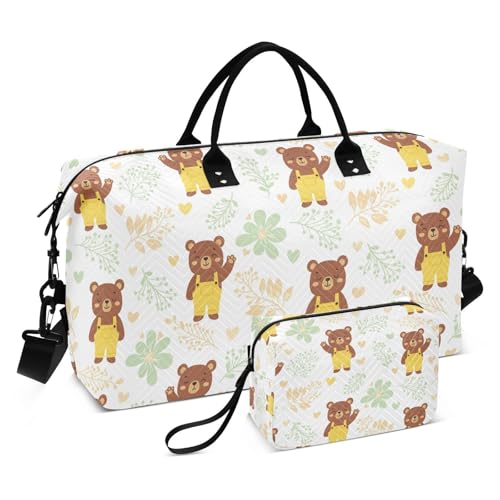 Bear Leaves Heart Travel Duffel Bag for Men Women with Makeup Bag Weekend Overnight Carry On Bags for Under Seat Travel Airline
