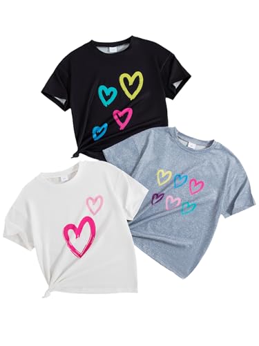 Girls Short-Sleeve Graphic T-Shirts Crewneck Kids Tee Tops, Girl Summer Casual Clothes Outfit 3 Packs