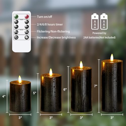Image of Yeelida Outdoor Halloween 4pcs Flameless Waterproof Candles with Handy Remote Control, Cycle Timer Battery Operated Candle Grease LED Flickering Pillar Plastic Long Lasting (Black, 3 inch x4 inch 5 inch 6 inch 7 inch)