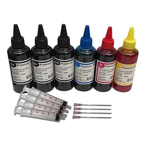 BVH Direct 6 x 100ml Black Cyan Magenta Yellow Bottled Compatible with HP, Canon, Brother, LEXMARK and epson Ink Refillable Ciss Cartridge Sytems Includes Blunt Needle and Syringe for Refilling Cover