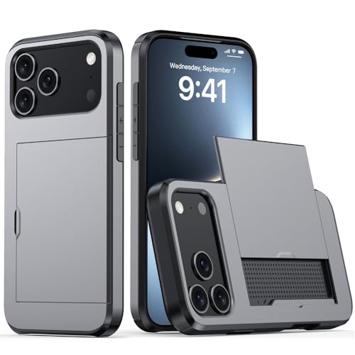 For iPhone 17/17 Air/17 Pro/17 Pro Max用スリムケース、背面カードスロットスライドカバー、高耐久衝撃保護PCシェル、滑り止めグリップ