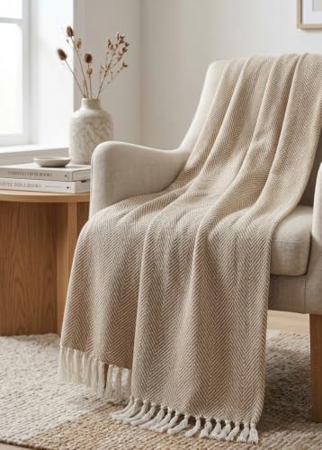 Image of Soft Throw Blanket | Used Both Indoor and Outdoor | Blanket for Living Room | Bedroom | Hall | Kids Room | Sofa and Bed or Chair Throw (Zigzag Beige)