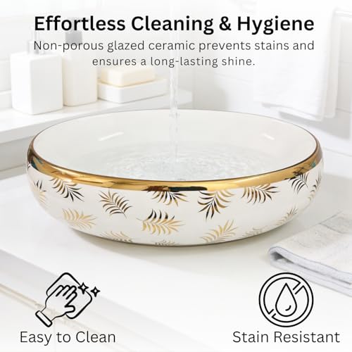Image of Wallace Designer Oval Table Top Wash Basin 60x40x15 cm | White Ceramic Countertop Vessel Sink with Gold Leaf Pattern | Premium Over Counter Luxury Bathroom Basin