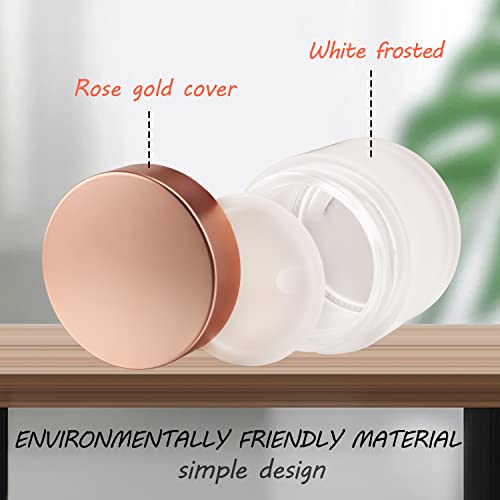 4 Pack 2 oz Frosted Glass Cream Jar,Empty Round Sample Jar Pot with Screw Lids&Inner Liner,Travel Storage Jar Container for Lotion, Eyeshadow,Moisturiser,gel-Rose Gold Lids3
