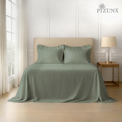 Image of Pizuna 100% Cotton Bedsheet Super King Size Sea Foam, 600 Thread Count Long Staple Combed Cotton Flat Bedsheets 108x108 Inches with 4 Pillow Covers, Bed Sheet for Super King Size Bed