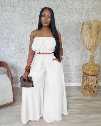 Image of Two Piece Sets for Women Summer Outfits Crop Tops and Wide Leg Pants Sets Sexy Jumpsuits Vacation Outfits with Pockets