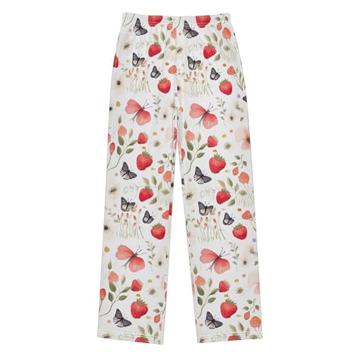Strawberry Butterfly Long Pajama Pants Elastic Waist PJ Bottoms with Pockets S A1104722