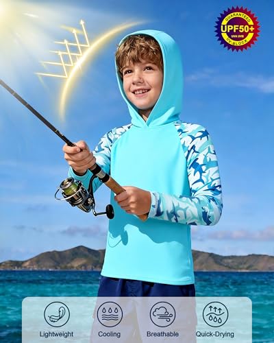 Image of Boys Rash Guard Swim Hoodie, Kids Long Sleeve Sun Fishing Shirts