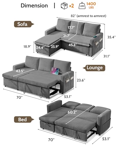 Image of WEUP 82 inch L Shaped Sectional Sleeper Sofa Bed with Pull Out Bed, Sectional Sleeper Couch Pull Out Couch with Reclining Backrest /Reversible Storage Chaise /USB Ports /Tool-Free Assembly, Corduroy Grey