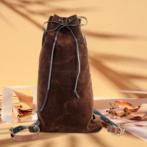 Image of GORGECRAFT Medieval Backpack Drawstring Fibre Bag with PU Leather Straps and Alloy Clasps Portable Pouch for Viking LARP Renaissance Outdoor Activities Cosplay Gym Workout Saddle Brown 18x10.8 inch