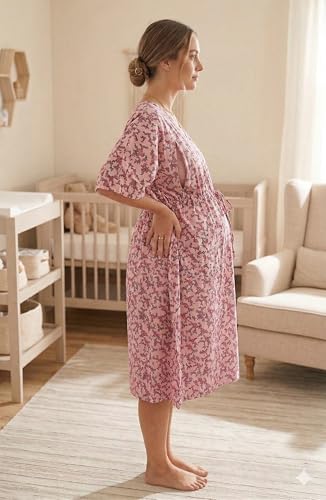 Image of Noty Women's- Kaftan | Maxi | Maternity | Feeding | Delivery Gown- Cotton Fabric- V Neck | Floral Print | 2 Pockets | Midi