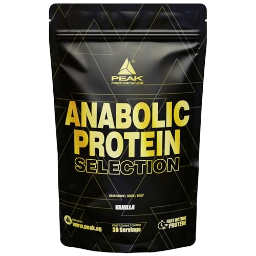 PEAK Anabolic Protein Selection - 900g Geschmack Vanilla I 30 Portionen I Proteinquelle: Whey Isolat, Konzentrat, Hydrolysat, Sojaprotein I Zugesetztes L-Leucin I Muskelaufbau