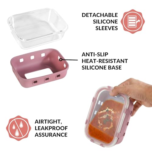 Image of Nestasia Gripso Glass Containers Set of 3 with Silicone Sleeve & Locking Lid (370ml, 600ml, 1000ml), Rectangle Food Storage Containers for Kitchen | Microwave, Dishwasher & Freezer Safe (Mauve)