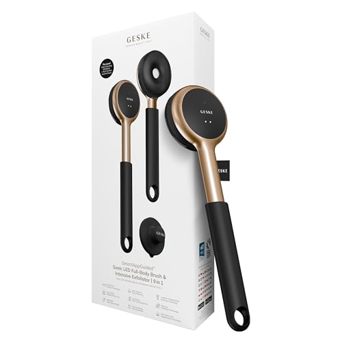 GESKE LED Sonic Full-Body Brush | 9 in 1 | Szczotka do mycia i intensywne urządzenie do peelingu z diodą LED | Z technologią SmartSonic Pulsations | Do usuwania szorstkiej skóry | Regulowany uchwyt