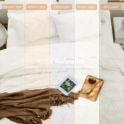 Image of Sasttie Full Size Comforter Set, 7-Piece Bed in a Bag, Pintuck Bedding Set for All Season, Includes Comforter, Flat Sheet, Fitted Sheet, Pillowcases and Pillowshams, Ivory