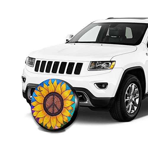 Image of Peace Sign Sunflower Spare Tire Cover,Universal Wheel Tire Cover for Trailer, RV, SUV, Truck,Camper and Many Vehicle,Weatherproof Tire Protectors（14 inch for Diameter 23 inch-27 inch）