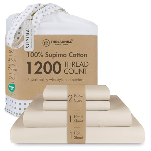 Image of Threadmill 1200 Thread Count Supima Cotton Full Sheet Set, Sateen, Beige | 100% Supima Cotton, Sateen Weave, 4-Piece Set, Hotel Quality, OEKO-TEX Certified, Machine Washable