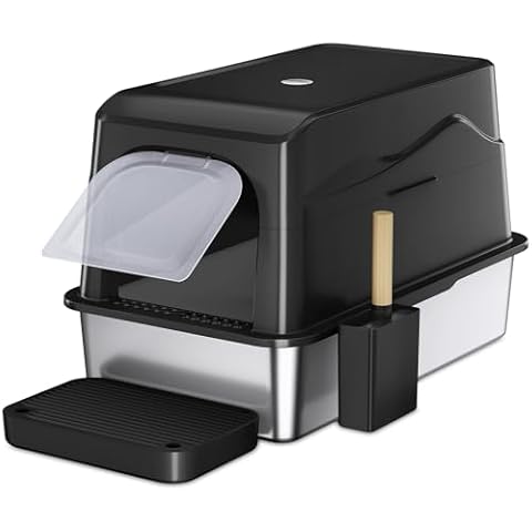 Barhon Stainless Steel Litter Box with Lid, Covered Cat Litter Box for Big Cat, Extra Large Enclosed Metal Litter Box with High Sides, Removable Lid, Non-Sticky, Easy to Clean (Black) Cover