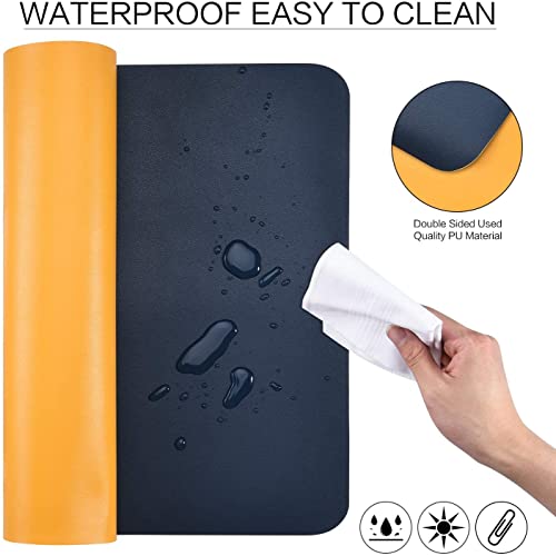Image of AROPANA Vegan Leather Desk Mat | Large Reversible Mouse Pad & Computer Table Protector | Dual-Side Waterproof Extended Laptop Pad with Edge-Stitched Design (90x45CM, Navy Blue and Yellow)