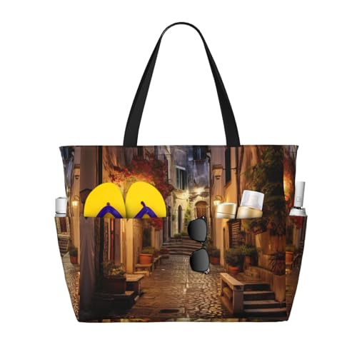 Italian Old Street Large Beach Tote Bag Women Beach Tote Bag For Pool Gym Grocery Travel With Multiple Pocket