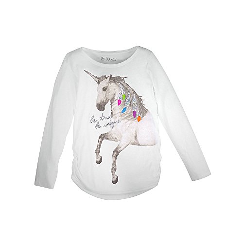 Hanes Girl`s Graphic Shirred Sideseam Long Sleeve Tee, S, Unicorn Message/White