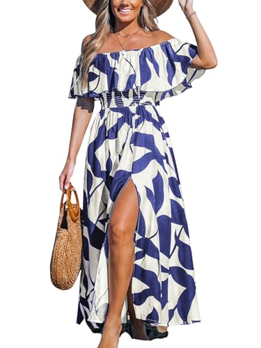 Image of CUPSHE Women Ruffle Floral Maxi Summer Dress Off Shoulder Short Sleeve Backless Flounce Bodice Slit Hem Beach Dresses