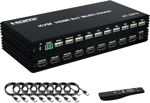 Image of 4K HDMI Switcher 8 in 1 Out with KVM, 4K Multi-Viewer with IR Remote and Button Switch, 16 Modes Displays Split Screen Modes, 2 USB Port for Keyboard /Mouse (HDMI 8x1 KVM Multi-Viewer)