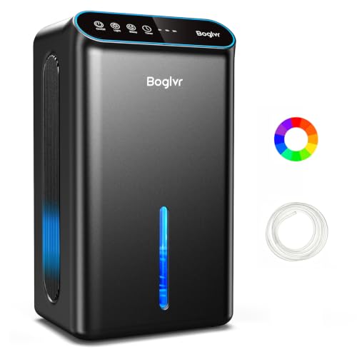 Dehumidifier for Home up to 1000 Sq.Ft, 98oz Small Quiet Dehumidifier with Drain Hose, 3 Timer Modes, Auto Shut Off, Aromatherapy & 7 Color Light for Basement, Bedroom, Bathroom, RV (Pure Black) by boglvr - Used condition - US$27.11