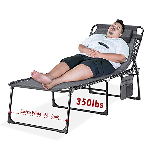 Oversize Folding Outdoor Chaise Lounge, 16 inch Extra High Patio Camping Sunbathing Recliner, 4 Level Adjustable Lay Flat Pool Beach Lawn Chair with Storage Bag (Gray)
