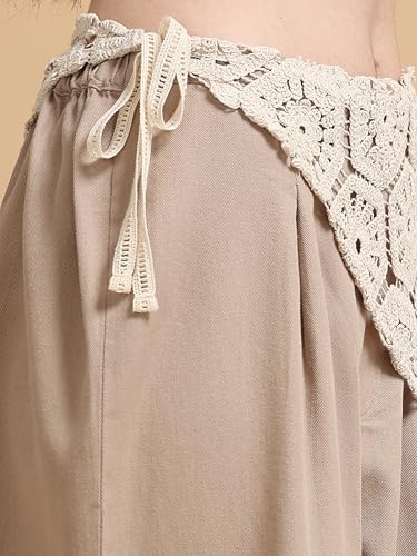 Image of Glam & Chique Women's 100% Cotton Wide Leg Trouser with Crochet Lace Waist & Drawstring-XS-2XL