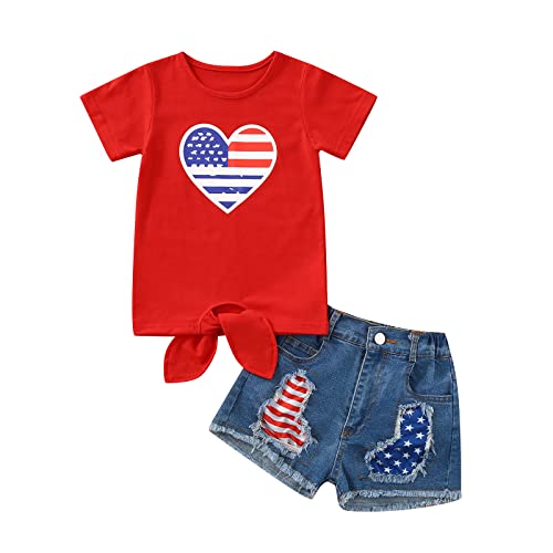 Toddler Kids Baby Girl 4th of July Outfit American Flag Short Sleeve T-Shirt Top Ripped Denim Shorts Clothes Set (Heart-Red,5-6 Years)