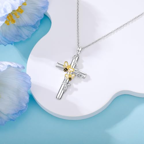 Image of RMREWY Cross Bee /ladybug /Butterfly /Dragonfly /Red Cardinal Necklace for Women 925 Sterling Silver Cross Pendant Necklace Animal Lovers Jewelry Christmas Gifts for Women Mother Grandma