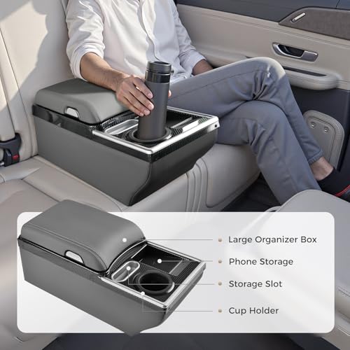 Image of Coverado Center Console, Universal Bench Seat Center Console, Truck Back Seat Car Organizer with Cup Holder, Rear Central Car Armrest Box with Storage, Gray
